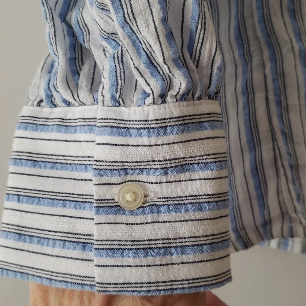 Loft Blouse Blue White Stripes Women  Long Sleeve Cottage Prairie Minimalist Lg - Picture 4 of 13